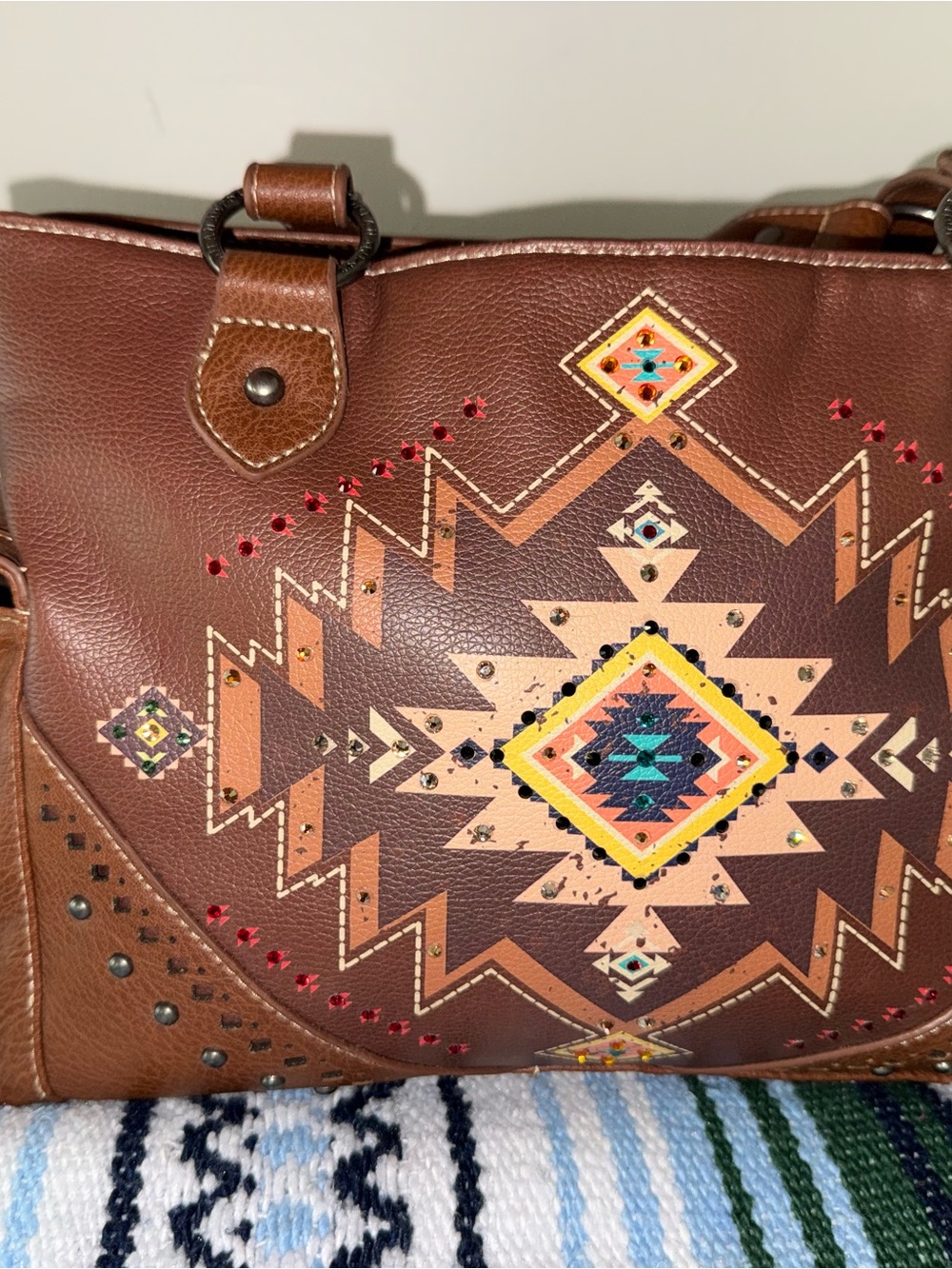 Montana West Brown Aztec-Pattern Shoulder Bag with Multicolor Accents
